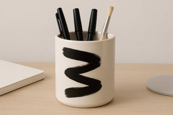 Ceramic Pen Pot with Brush Stroke Design - Modern Minimalist Desk Organizer