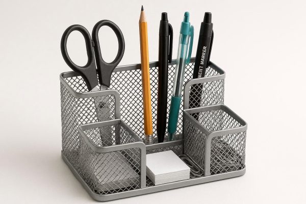 Multi-Compartment Metal Mesh Pen Holder - Desktop Organizer for Stationery