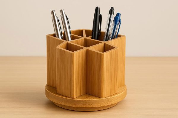 Rotating Bamboo Pen Holder with 6 Slots - Space-Saving Carousel Organizer