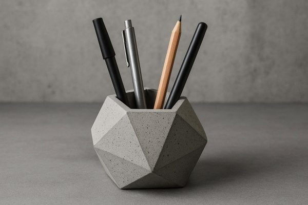 Concrete Geometric Pen Holder - Industrial Modern Desk Accessory