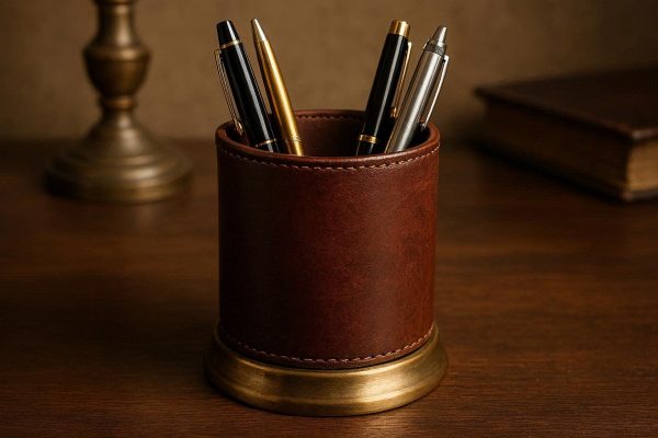 Leather-Wrapped Pen Cup with Brass Base - Vintage Executive Desk Set