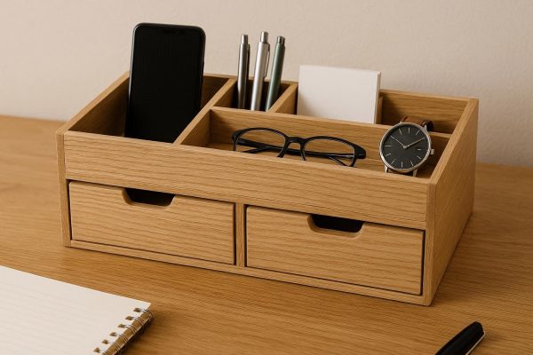 3 Wooden Desktop Organizer Tray with Drawers - Natural Office Desk Valet