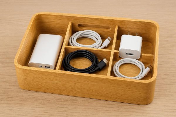 8 Bamboo Electronics Organizer Box with Dividers - Cable Management Storage